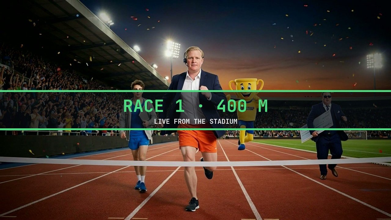 Brad in a blazer and orange shorts runs at the finish tape of a stadium track, with Kevin and his laptop beside him, a trophy mascot and a man holding a giant cheque behind them, under a banner reading Race 1, 400 m, live from the stadium